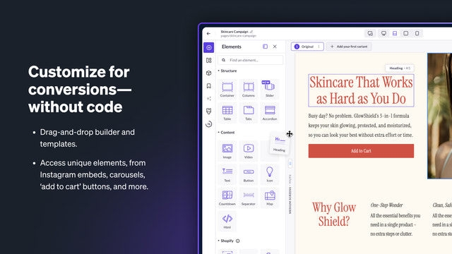 Easy-to-use visual editor with unique page creation elements