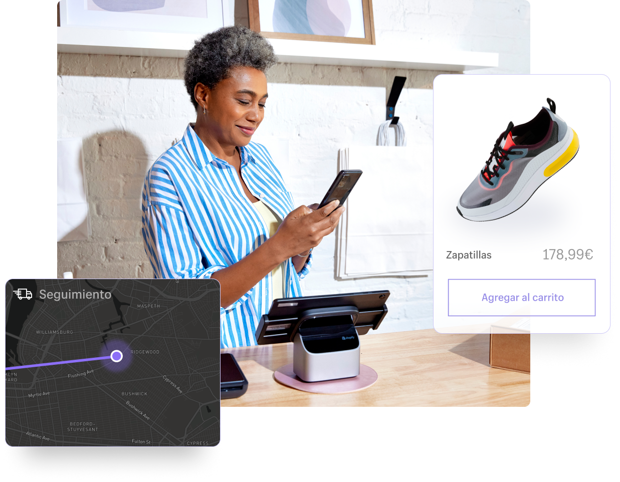 Hay un empleado de la tienda parado detrás de un mostrador de pago con un teléfono inteligente con POS. Sobre el mostrador, hay una tablet que funciona como punto de venta y una terminal de POS. Dos imágenes se superponen: una identifica el seguimiento de la entrega de un artículo, mientras que la otra muestra la imagen de producto online de un zapato con su precio.