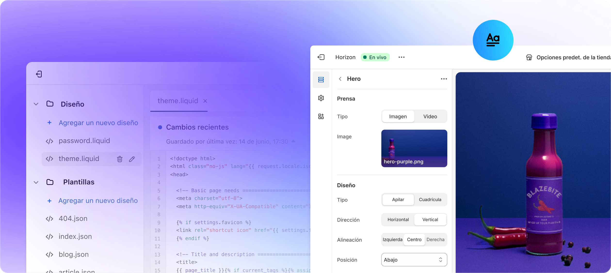 Dos pantallas: una muestra de código de Liquid y el editor de tiendas online de Shopify