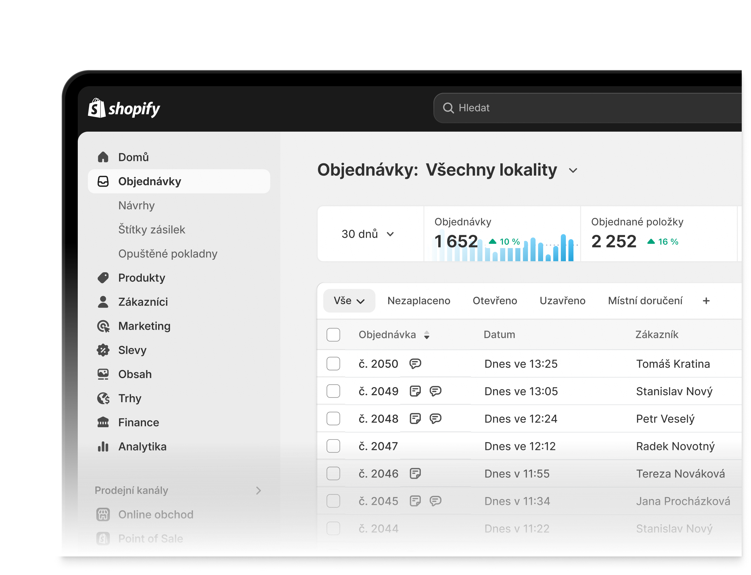Interaktivní animace znázorňující, jak administrátor Shopify umožňuje procházet všechny sekce: objednávky, produkty, zákazníky, obsah, finance, analýzy, marketing, slevy, trhy