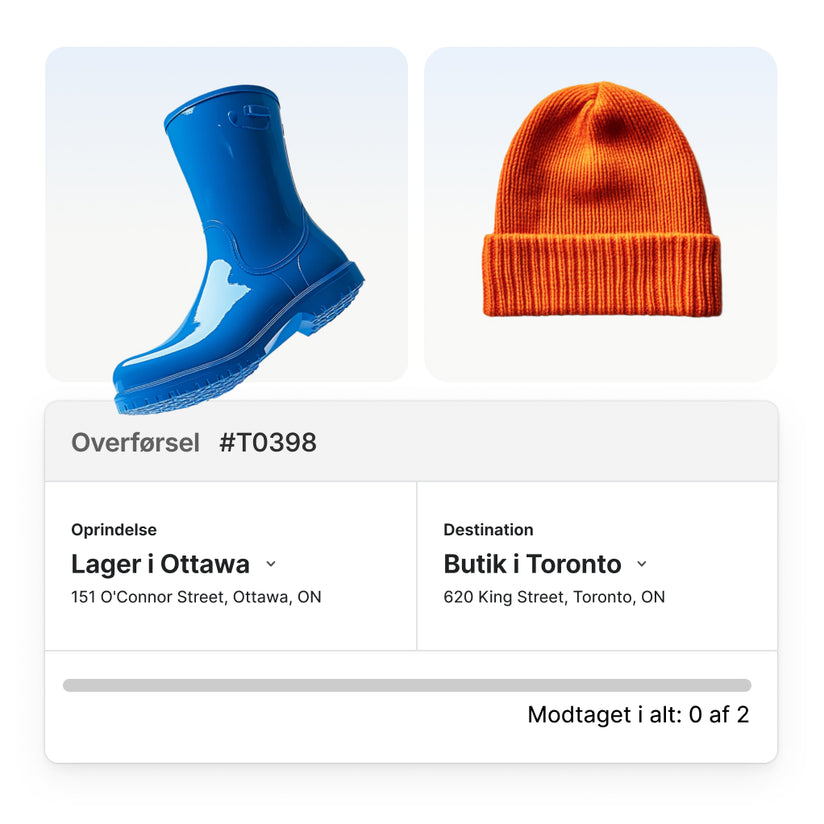 Blå gummistøvle og orange strikhat overlejret med en brugergrænseflade for lageroverførsel. Grænsefladen viser overførselsoplysninger fra et Ottawa Warehouse til en butik i Toronto for begge produkter. Knappen "Opret overførsel" ses under overførselsoplysningerne.