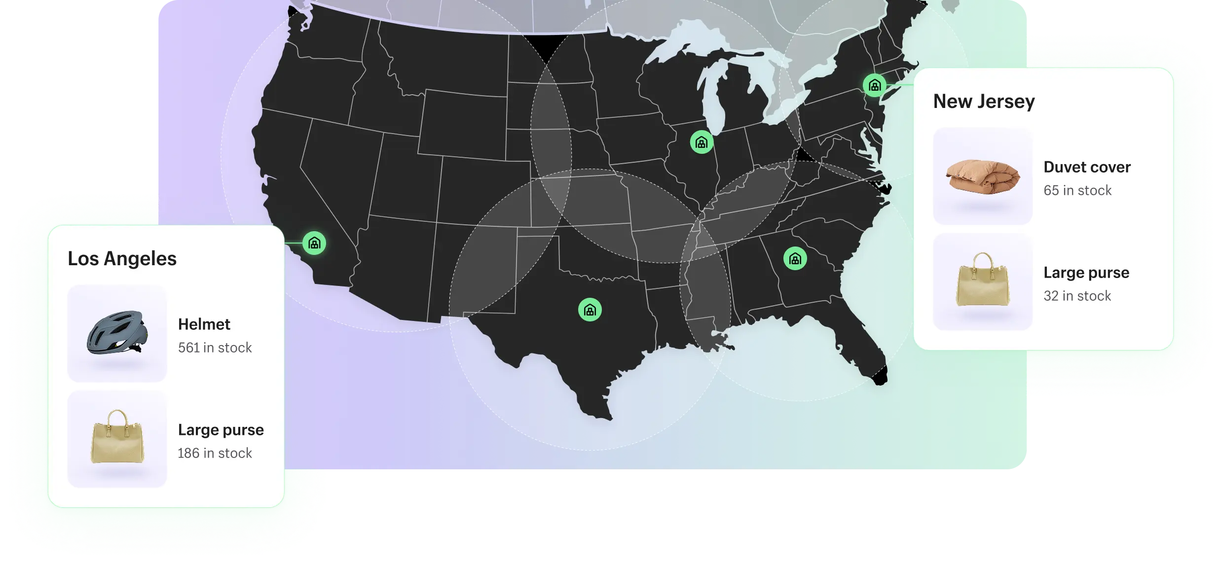 A map of fulfillment center locations in the United States, along with graphics showing the inventory of two products stored in both the New Jersey and Los Angeles warehouses.