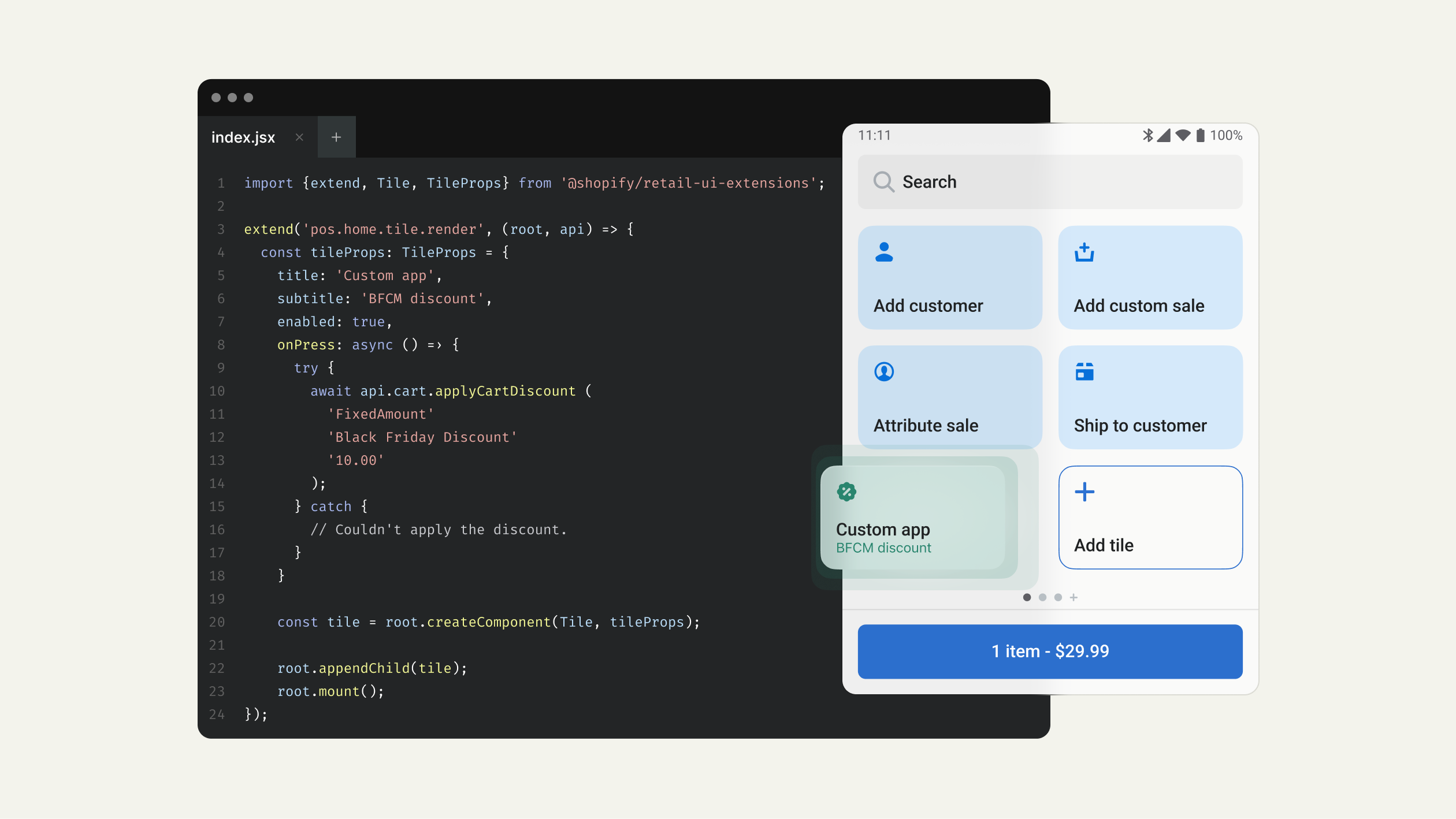 Eine benutzerdefinierte App wird zu Shopify POS hinzugefügt: Im Vordergrund erscheint die App auf dem Startbildschirm von POS, im Hintergrund der für die Ausführung der App erforderliche Code.