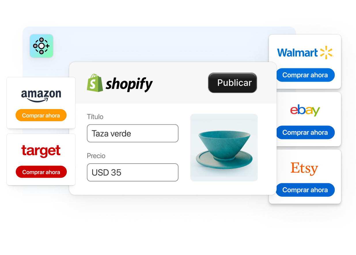 En la imagen se muestra un diagrama para ejemplificar la capacidad de conectar una tienda Shopify con muchos mercados online, como Amazon, Walmart, eBay y Etsy.