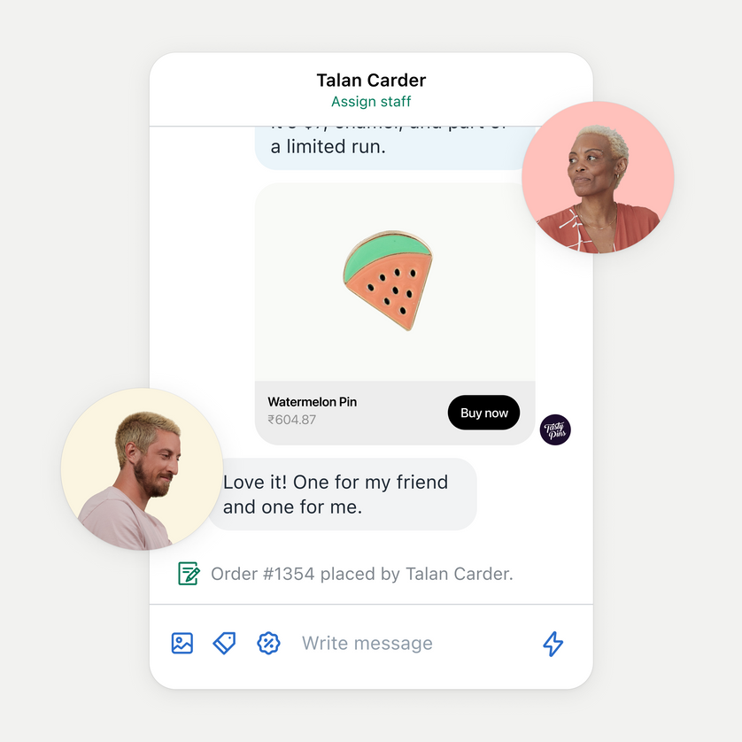 A open chat window displays a conversation about an order between a store staff member and a customer. An image of a woman represents the staff member’s comments and an image of a man represents the customer’s response.
