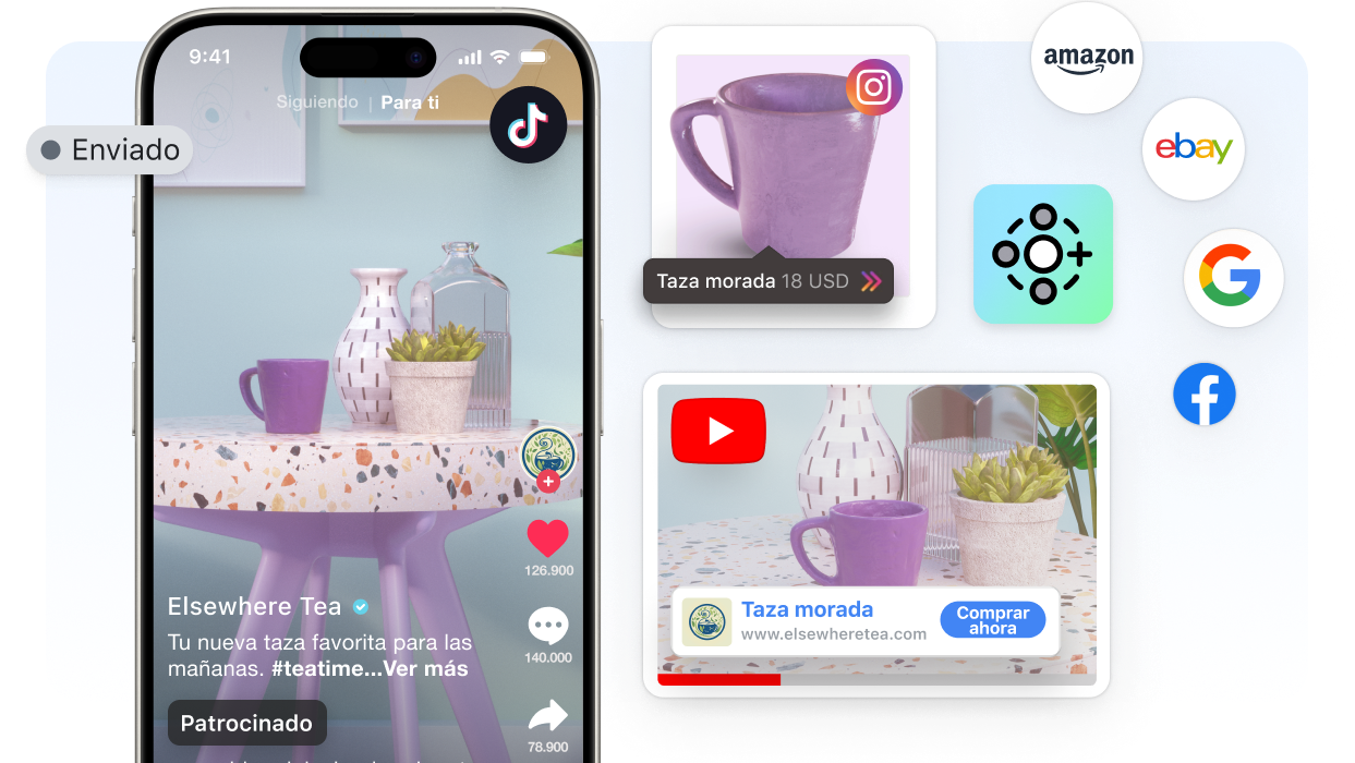 Vista abstracta de una ventana del panel de control de Shopify. Sobre el lado izquierdo de la ventana hay un video patrocinado de TikTok y un Google Ad; en ambos se muestra una taza morada a la venta. Alrededor de las ventanas se muestran los logos de Marketplace Connect, Instagram, YouTube, TikTok, Google Ads, Amazon y eBay en tamaño pequeño.