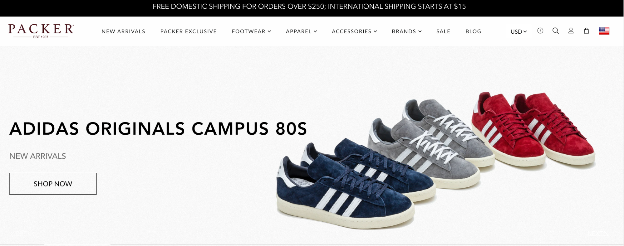 Packer Shoes homepage showcasing their available Adidas sneakers