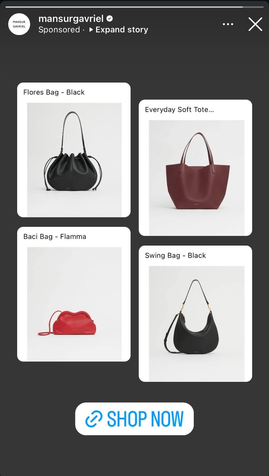 Mansur Gavriel shoppable ad on Instagram Stories featuring colorful four leather handbags.