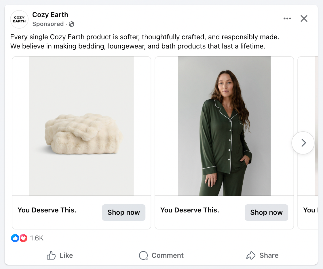 Cozy Earth’s shoppable ads featuring product images and the line “you deserve this.