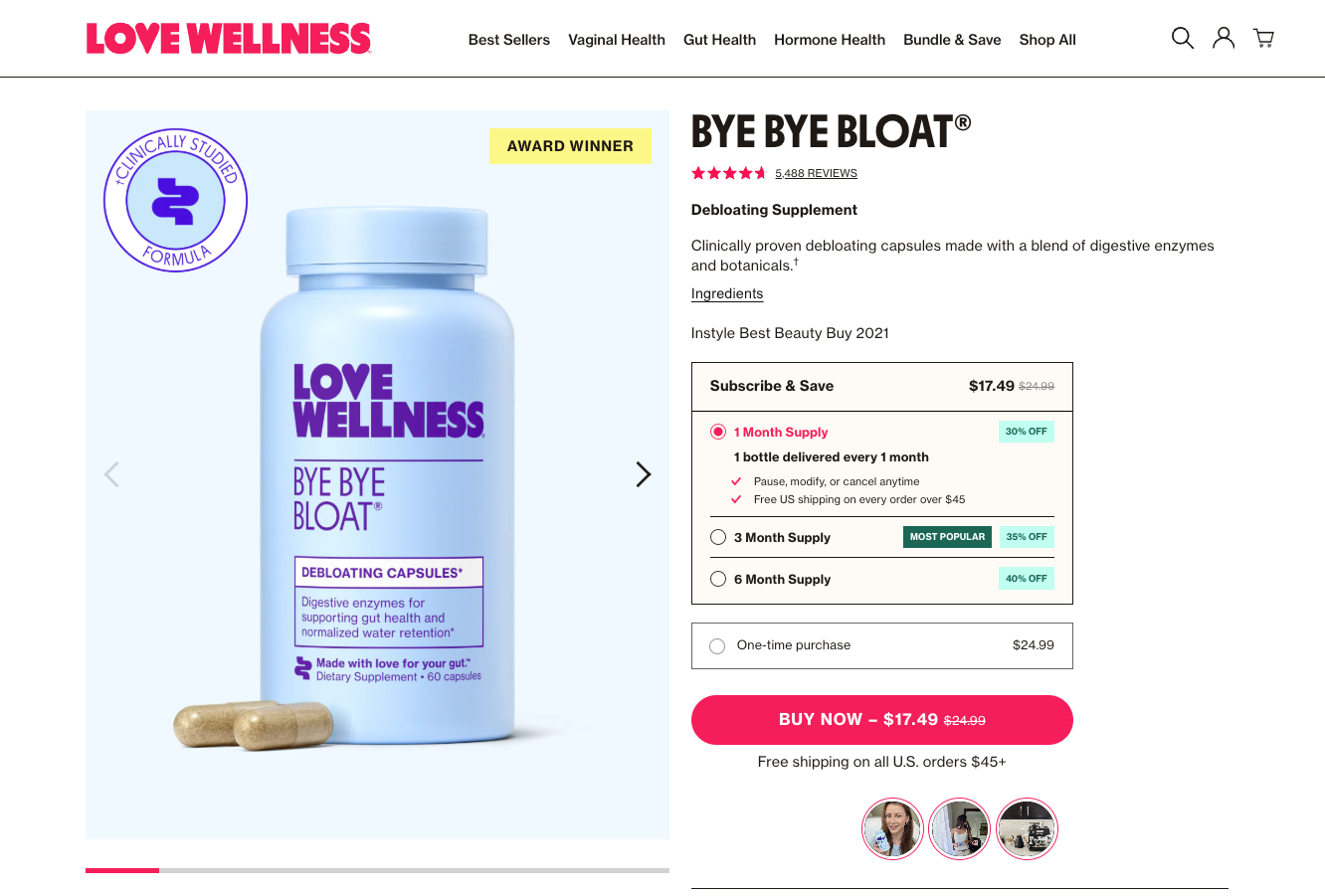 Love Wellness Bye Bye Bloat product page shows debloating supplement with pricing, subscription, and reviews.