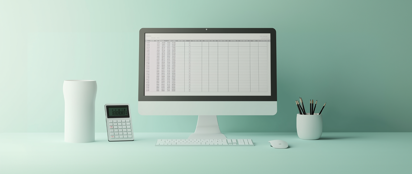 A calculator, pencils and computer screen with a spreadsheet open: small business expense tracking.