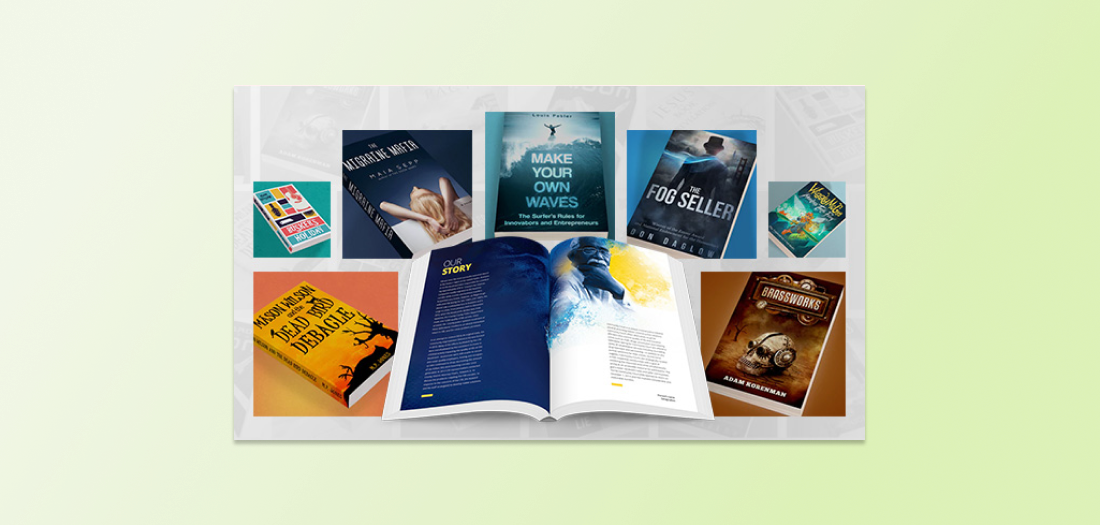 A collage of eight book covers in different colors and styles. The book in the middle is open.