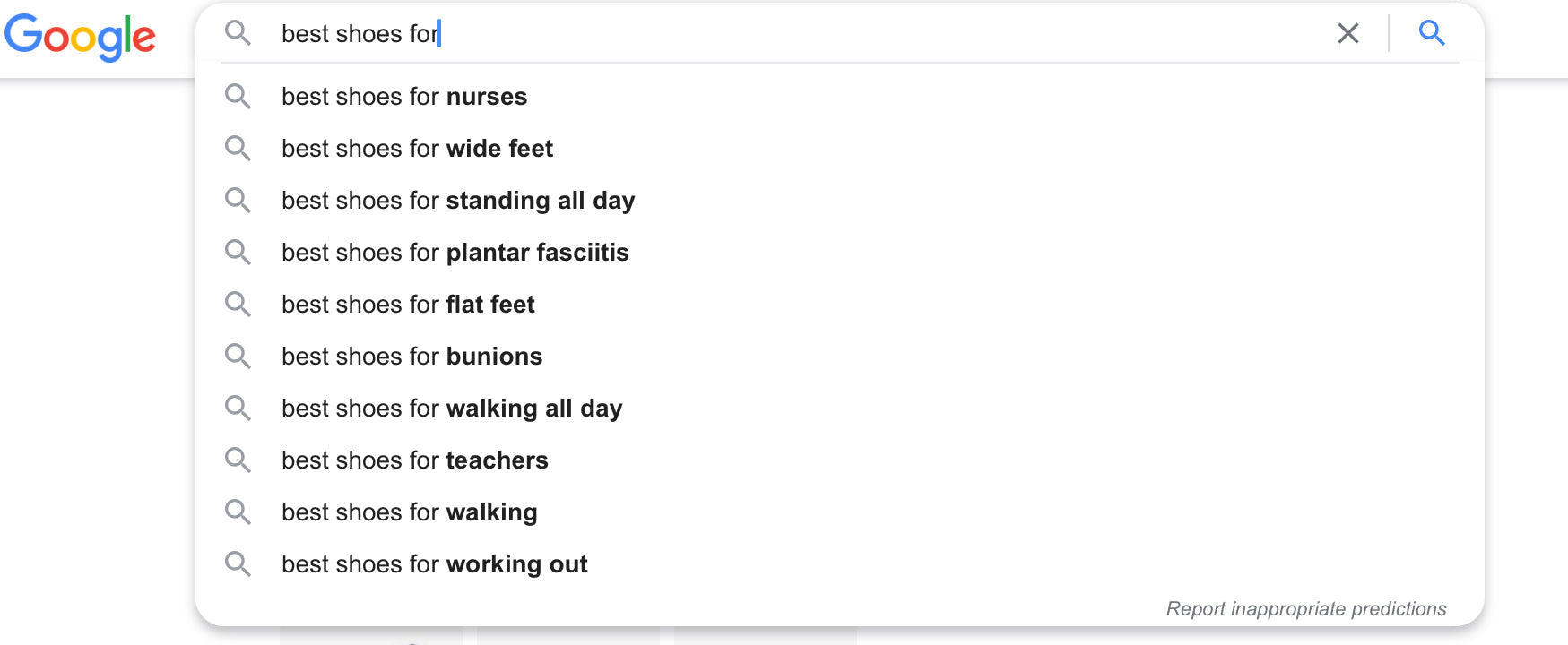 Google search autocomplete querying “best shoes for”.