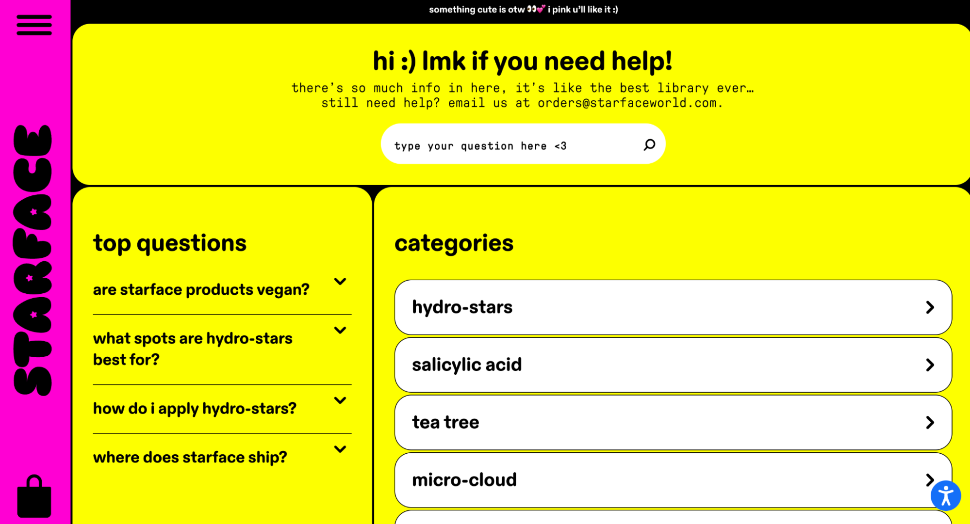 FAQ page for Starface featuring top questions and categories with a bold yellow and pink design.