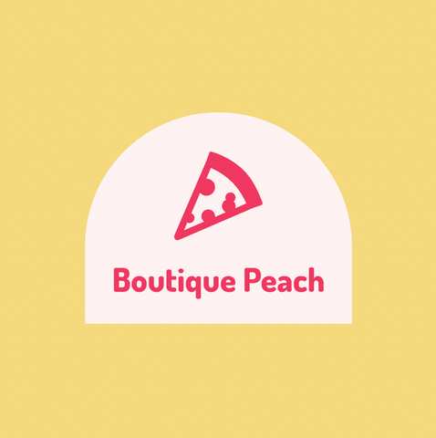 A pink arch around ’Boutique Peach’ in san-serif pink text and a pizza on a yellow background.