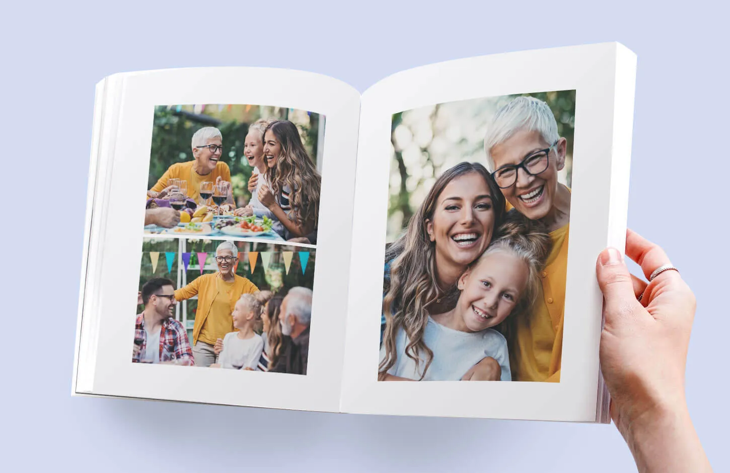 An open book shows a family laughing and smiling at an outdoor party.