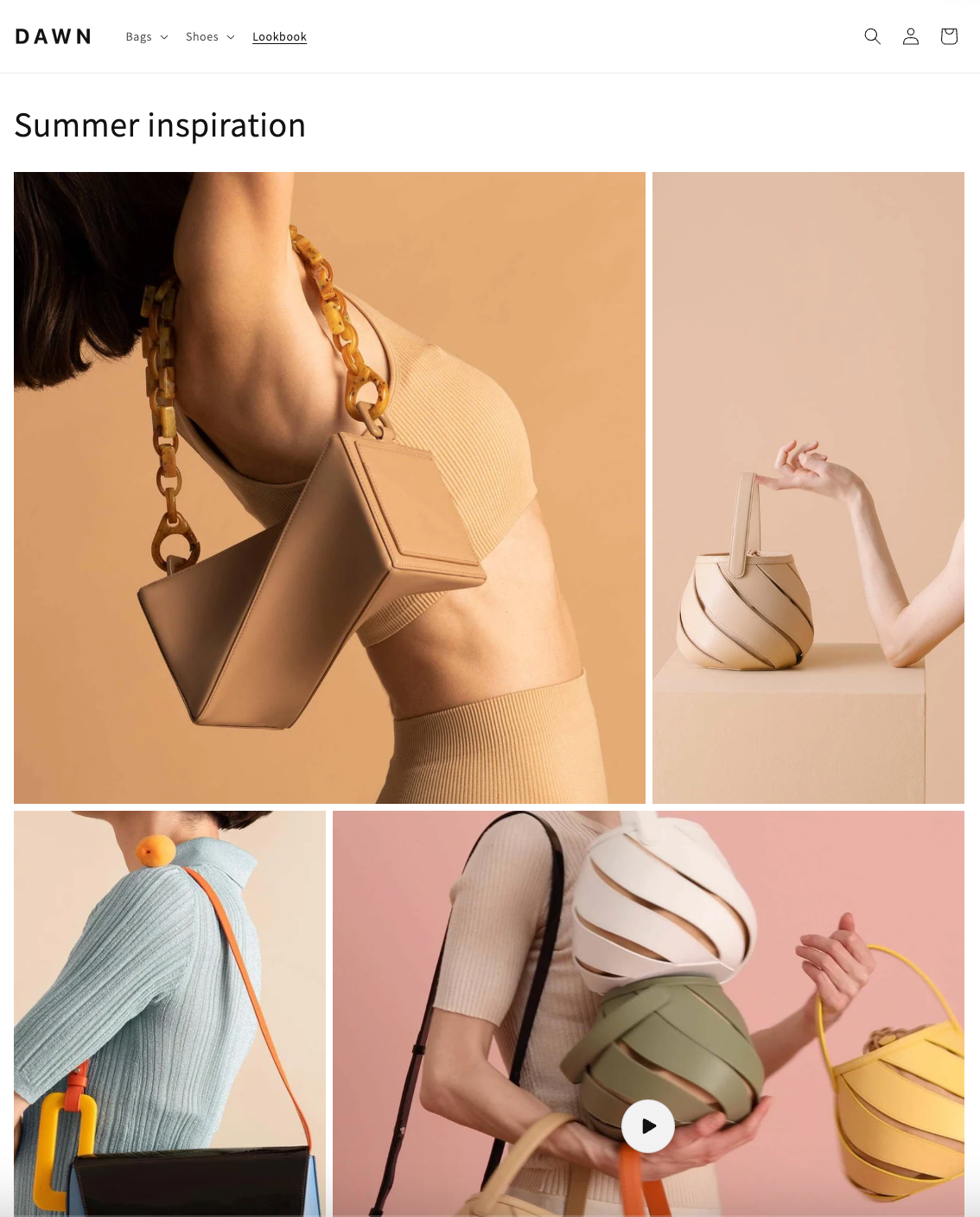 A multimedia lookbook for a handbag brand using Shopify’s Dawn theme.