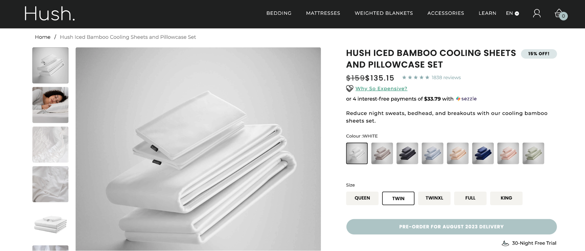 Bedding brand Hush’s product page for bamboo cooling sheets and pillowcase sets.