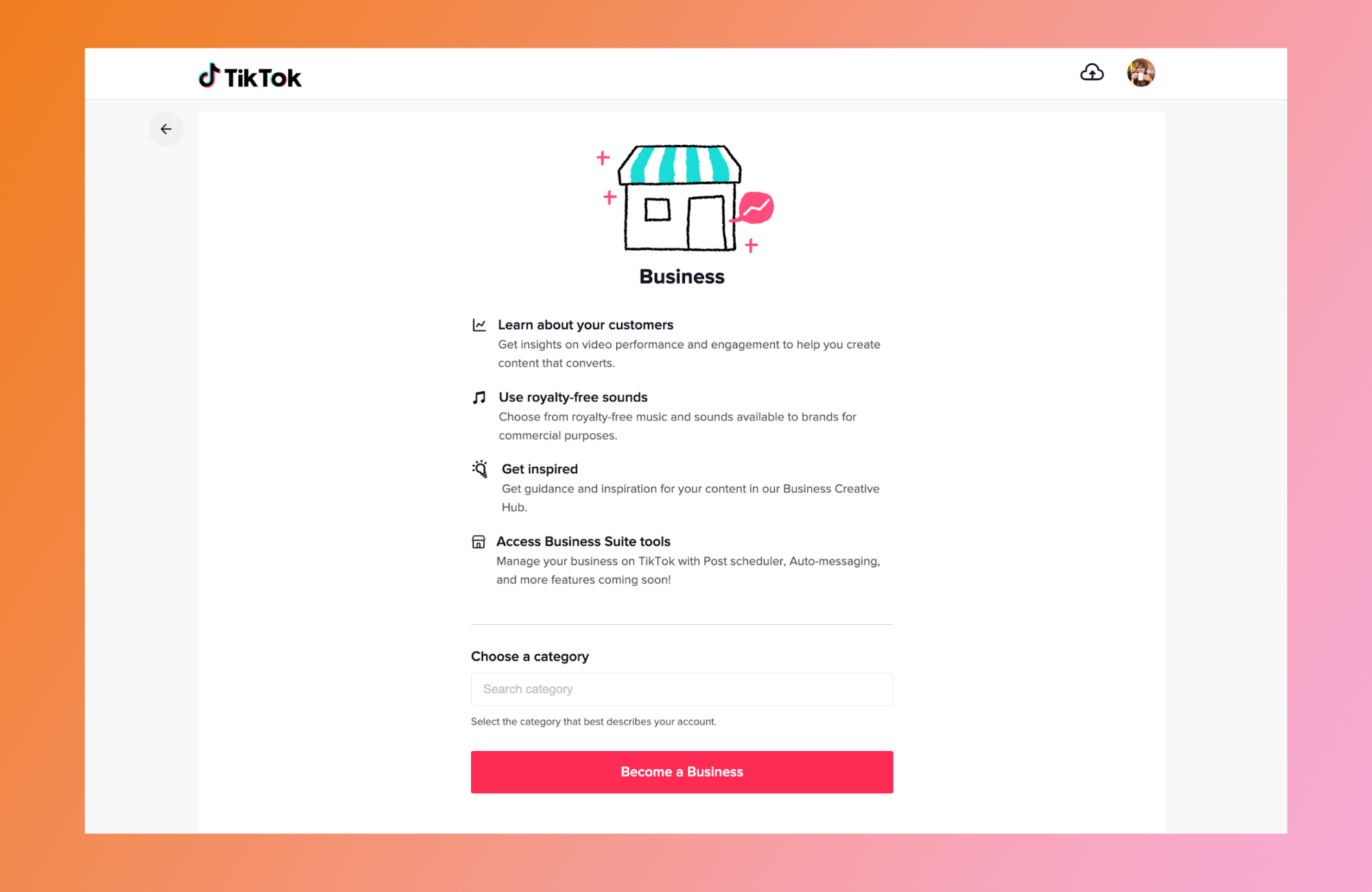 TikTok Business account setup page with category selection and business tools overview.