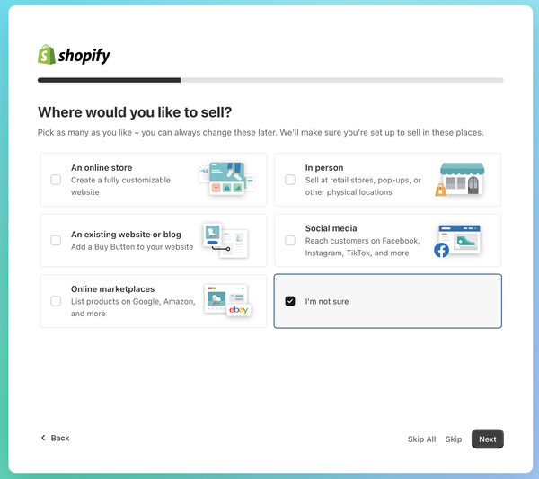 Six checkboxes containing descriptions of different commerce options.