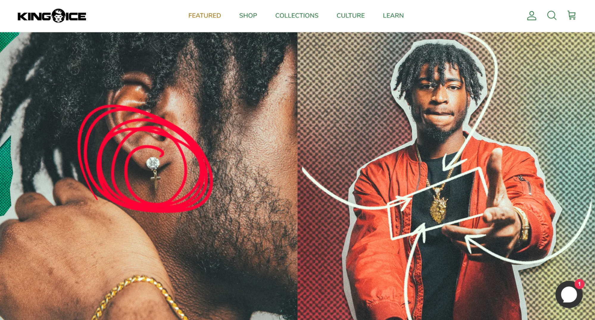 Two images of a male model wearing bold earrings in one image and a necklace in the next.