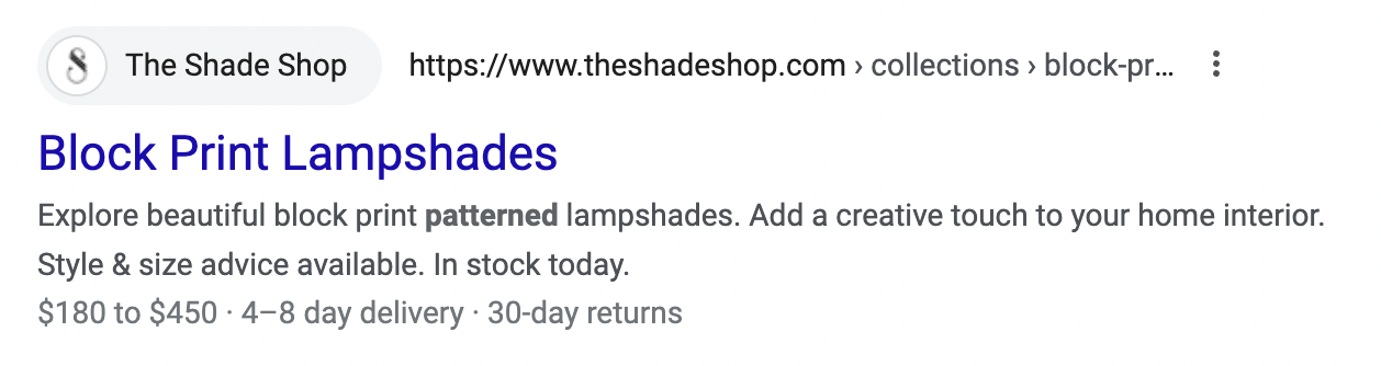 The Shade Shop’s meta description with stock information.