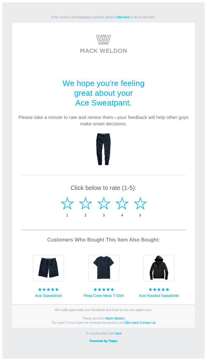 Interface of Mark Weldon post-purchase survey with star-rating system and product recommendations.