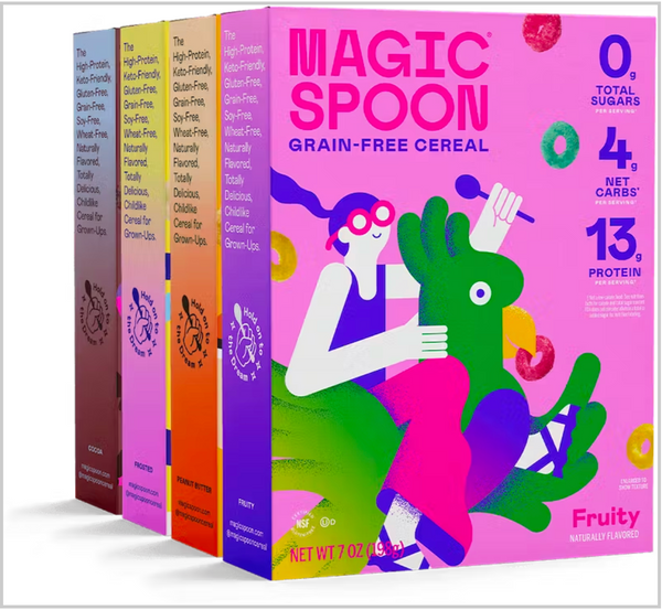 Magic Spoon cereal boxes in various flavors with colorful packaging and bold typography.