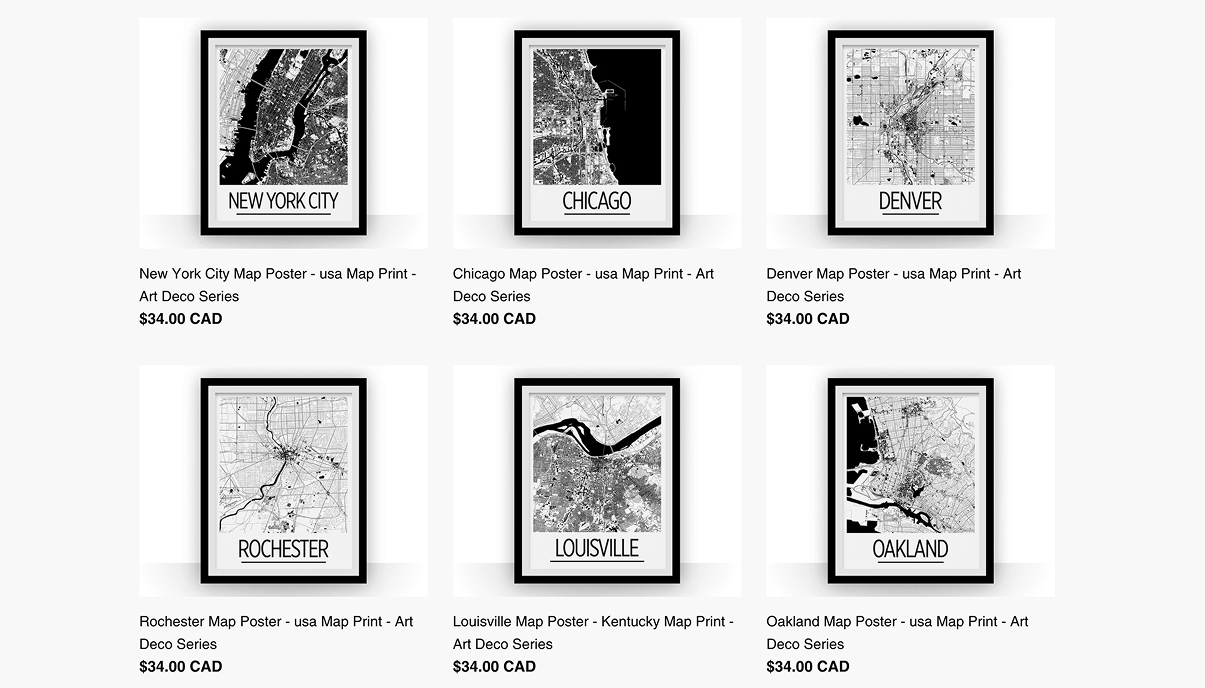 catalog page showing illustrated maps sold using print-on-demand