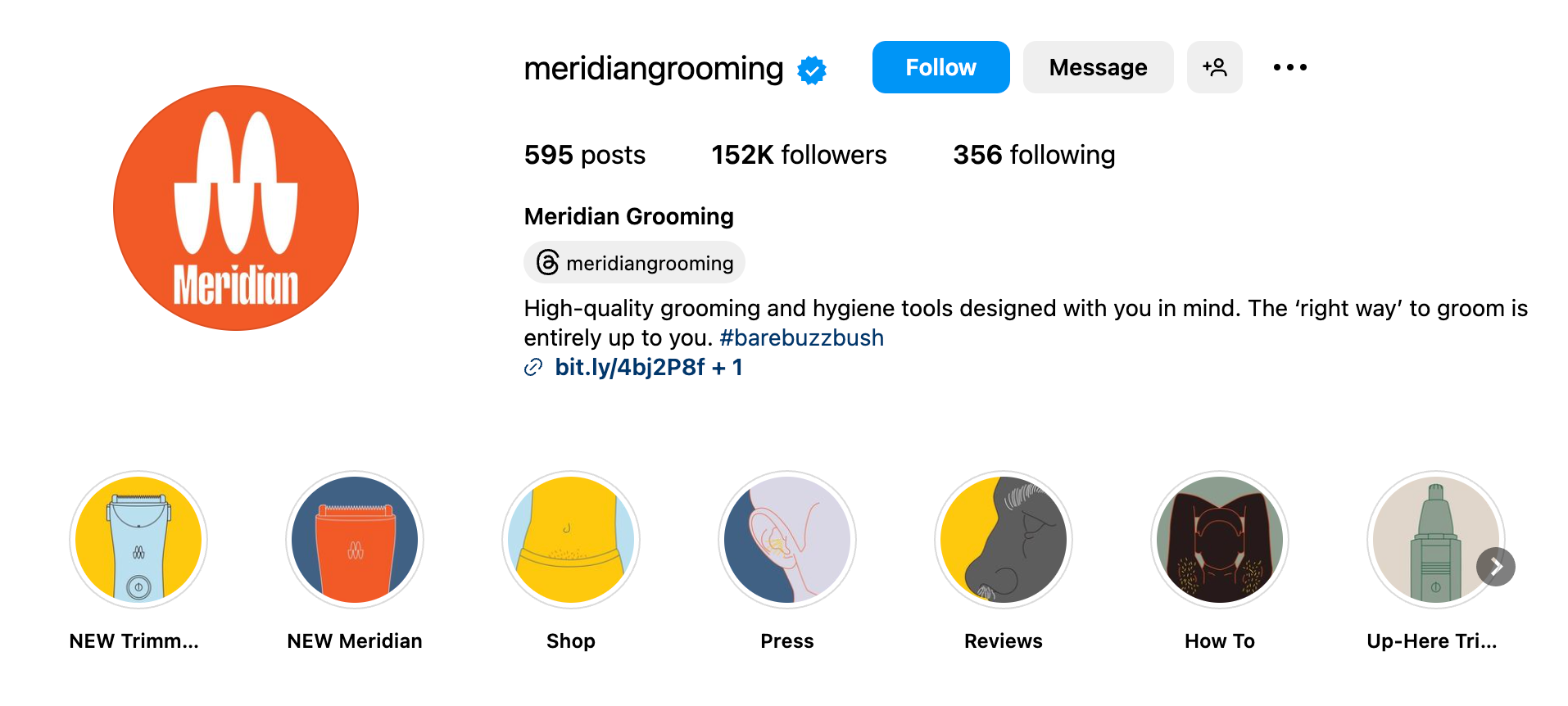 Meridian Grooming’s Instagram profile includes a hashtag, relevant links, and easy-to-navigate Highlights.