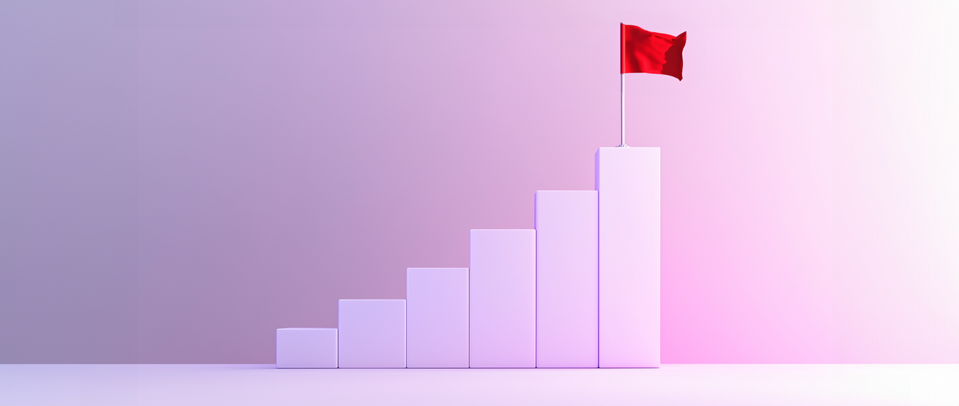 Bars increasing in height from left to right with a flag on the highest one, representing continuous improvement