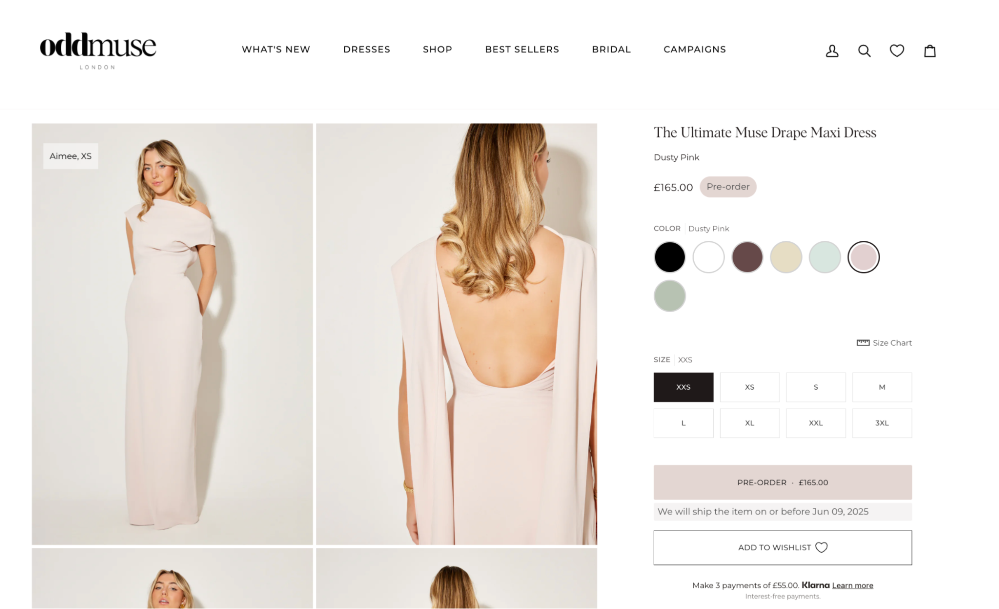 Product page for a pink maxi dress with a preorder notification.