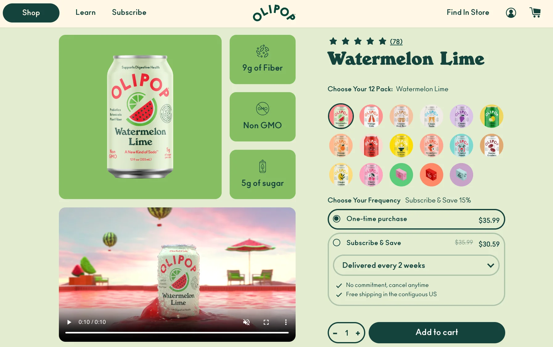 Brightly colored Olipop product page for watermelon lime soda.
