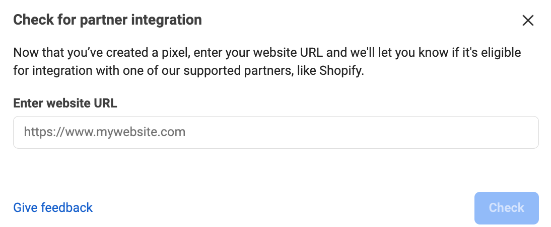 “Check for partner integration” field, where you can enter your site URL and check for integration.