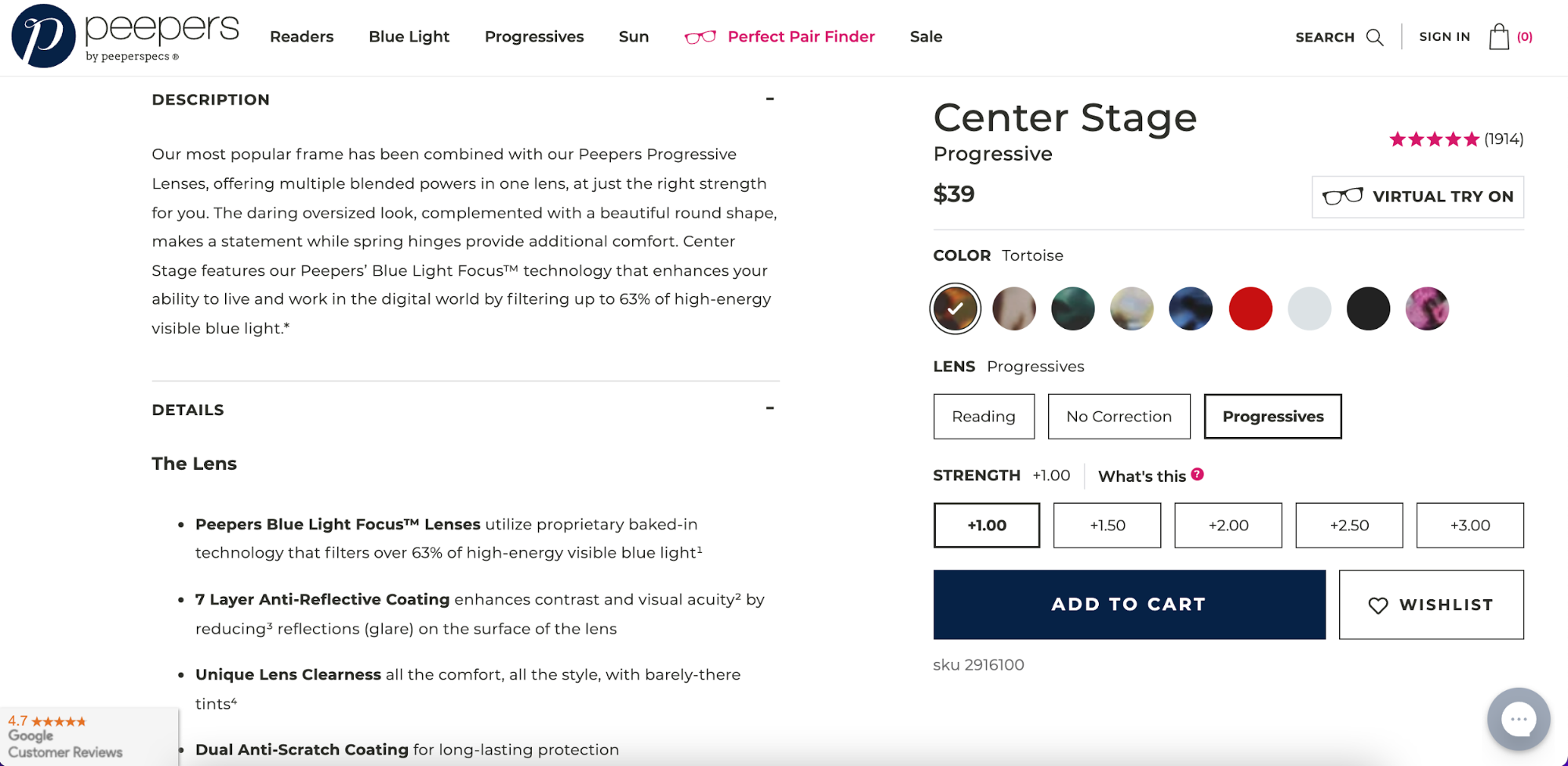 Peepers uses below-the-fold space to share in-depth product details and customer reviews.