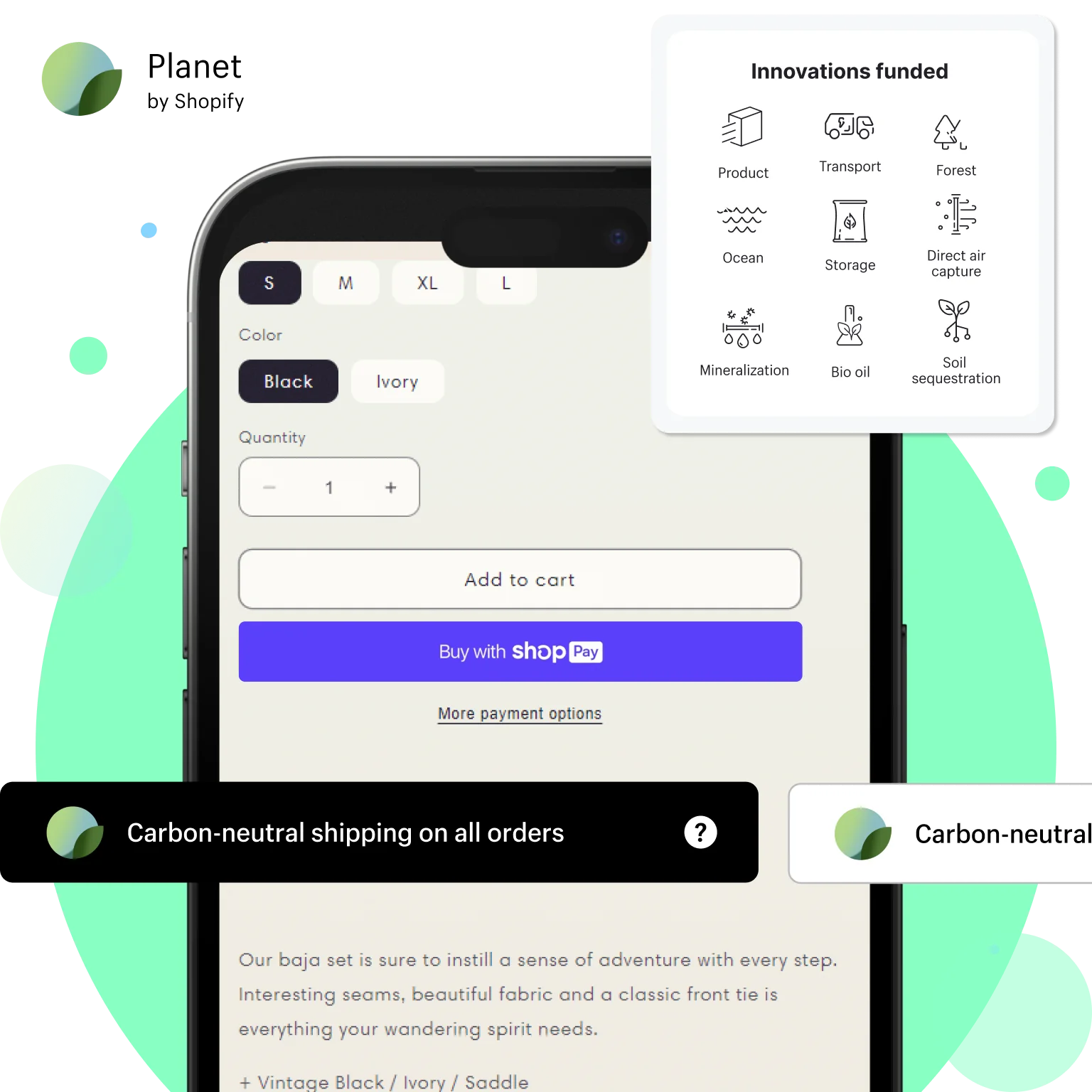 Planet mobile app shows how carbon-neutral shipping contributions fund a variety of innovations. Shopify
