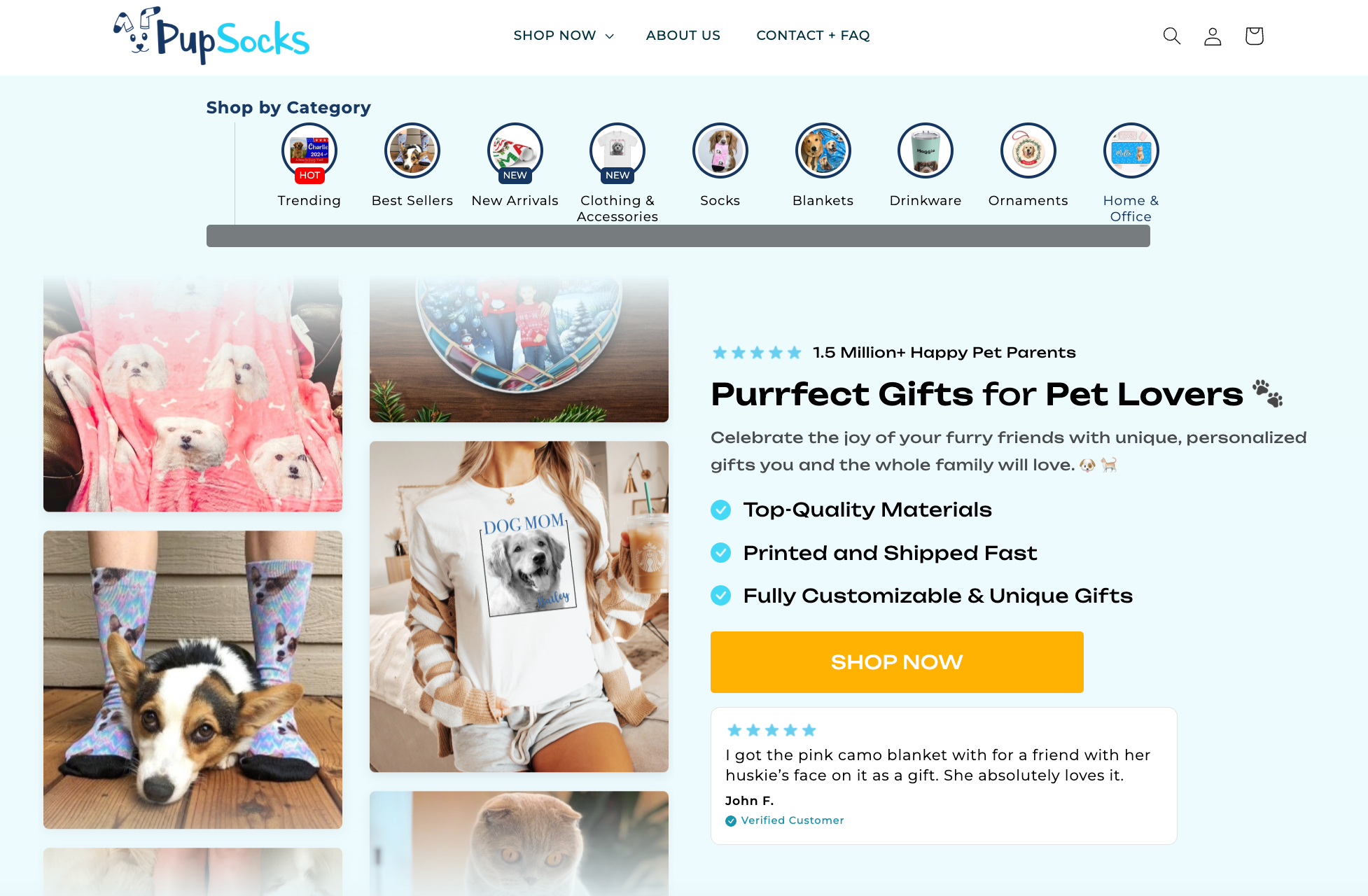 PupSocks homepage showing gifts for pet lovers with Shop Now CTA