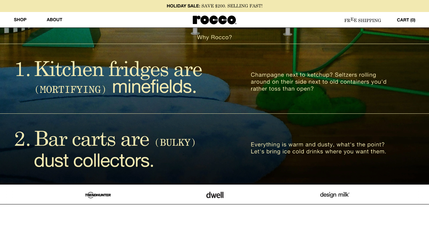 Rocco fridge page saying why traditional fridges and bar carts are inconvenient for drink storage.
