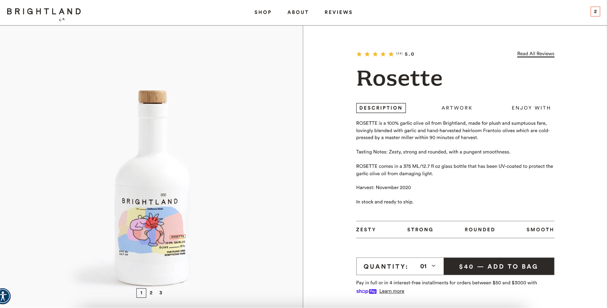 Brightland landing page for their garlic-infused olive oil in a white bottle.