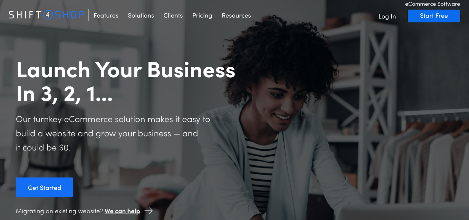 Shift4Shop homepage with a smiling woman using a laptop, promoting eCommerce website solutions.
