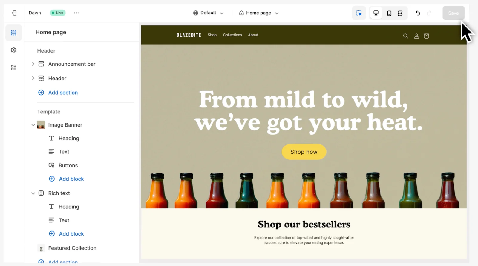 Shopify website editor showing a hot sauce store with customizable sections and a ’Shop now’ button.