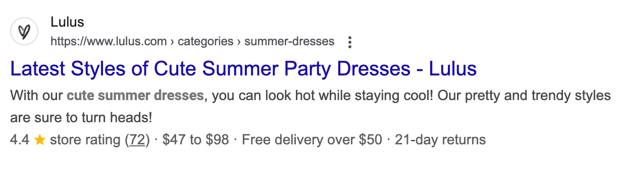 Google search result for summer dresses including a concise meta description.