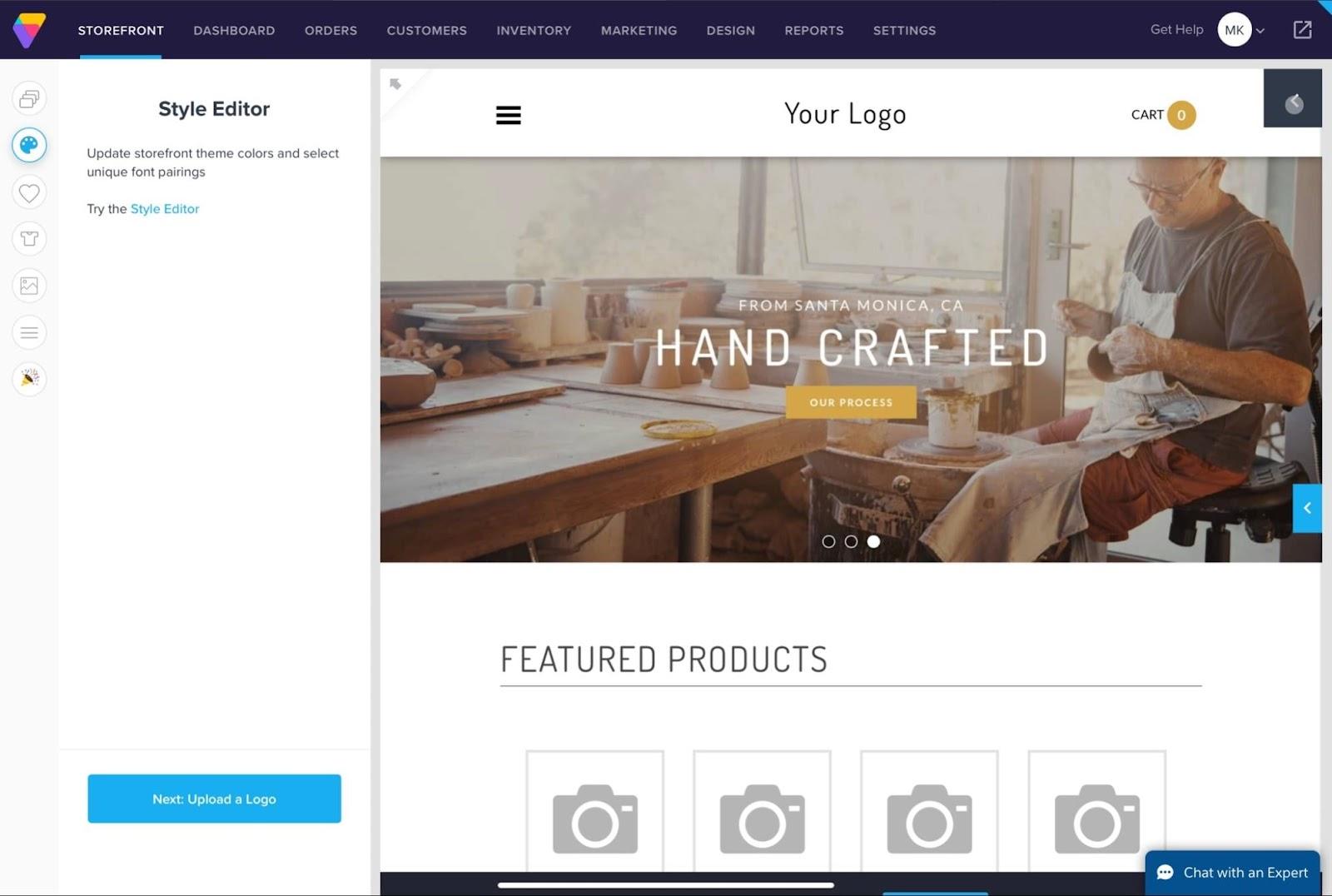 Storefront editor displaying a handmade goods site with rustic theme and featured products section