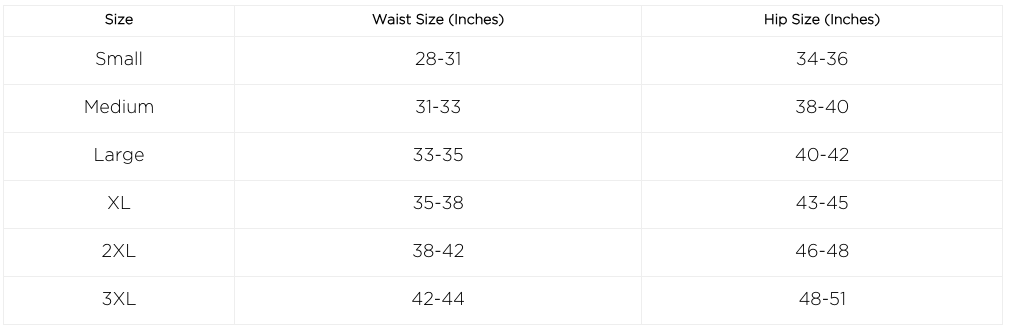 Table showing women's clothing sizes ranging from XSmall to 2XL with corresponding hip and waist measurements in inches.