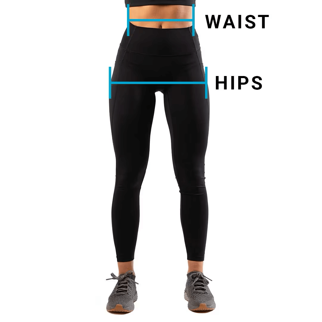 Woman in black leggings marked with lines indicating waist and hips measurements.