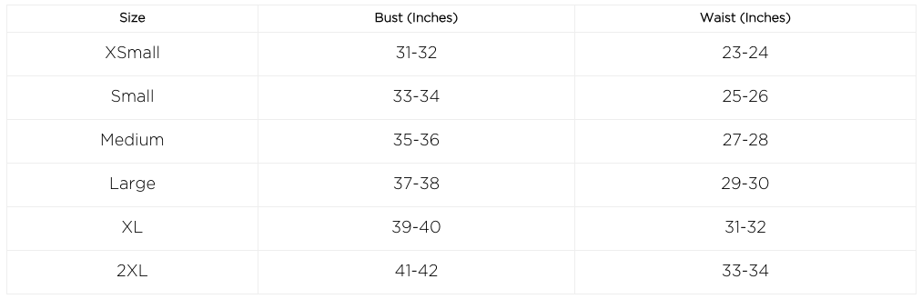 Size chart displaying women's clothing sizes from XS to 2XL with corresponding bust and waist measurements in inches.