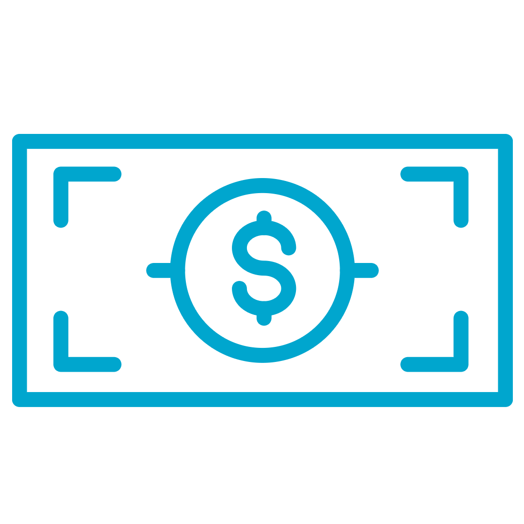 Blue outline of a stylized banknote with a dollar sign.