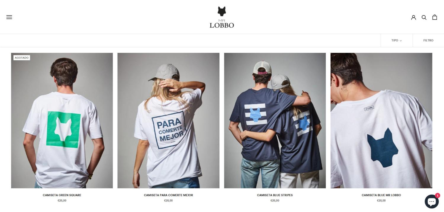 Pantallazo del catálogo de camisetas de la tienda online de Mr Lobo