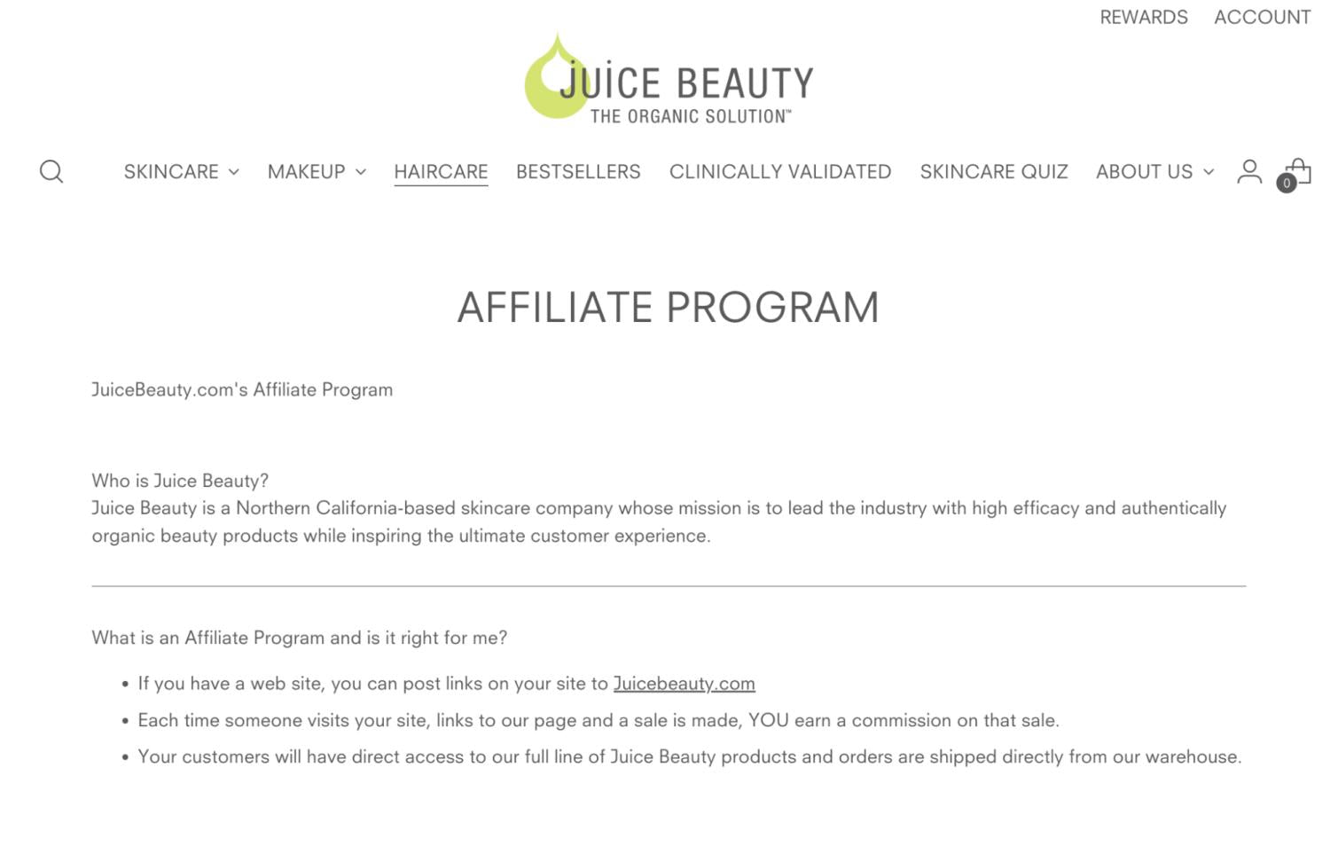 Captura de pantalla de la página de registro de afiliados de Juice Beauty.
