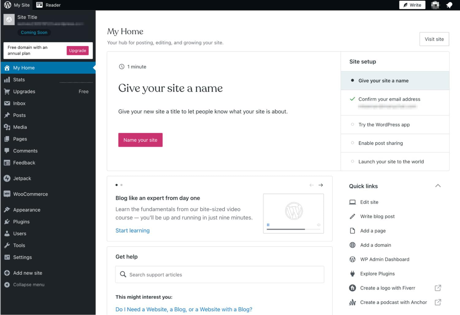 Página de inicio de Wordpress que muestra su lista de verificación de configuración del sitio